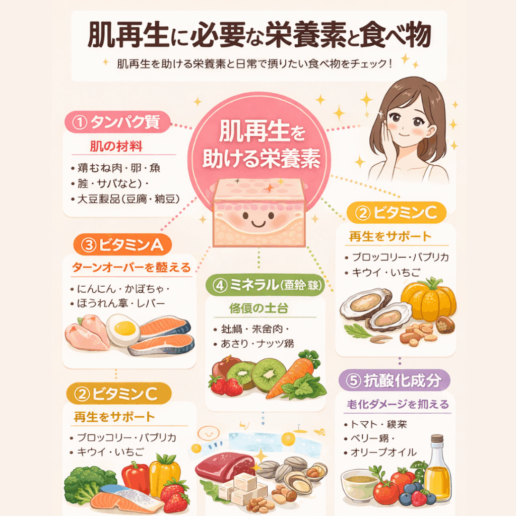 肌再生に必要な栄養素と食べ物をまとめた図。タンパク質、ビタミンC、ビタミンA、ミネラル（亜鉛・鉄）、抗酸化成分と、それぞれに含まれる代表的な食材をイラストで解説している。
