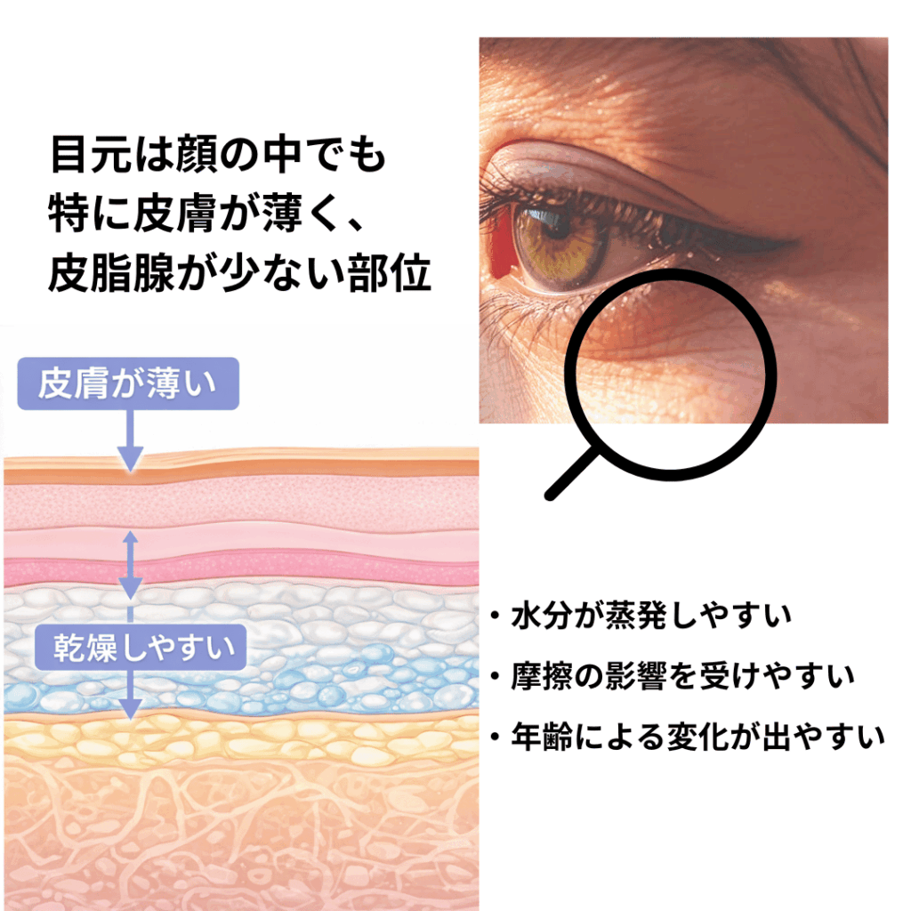 目の周りの乾燥原因｜皮膚が薄く皮脂腺が少ない構造を解説