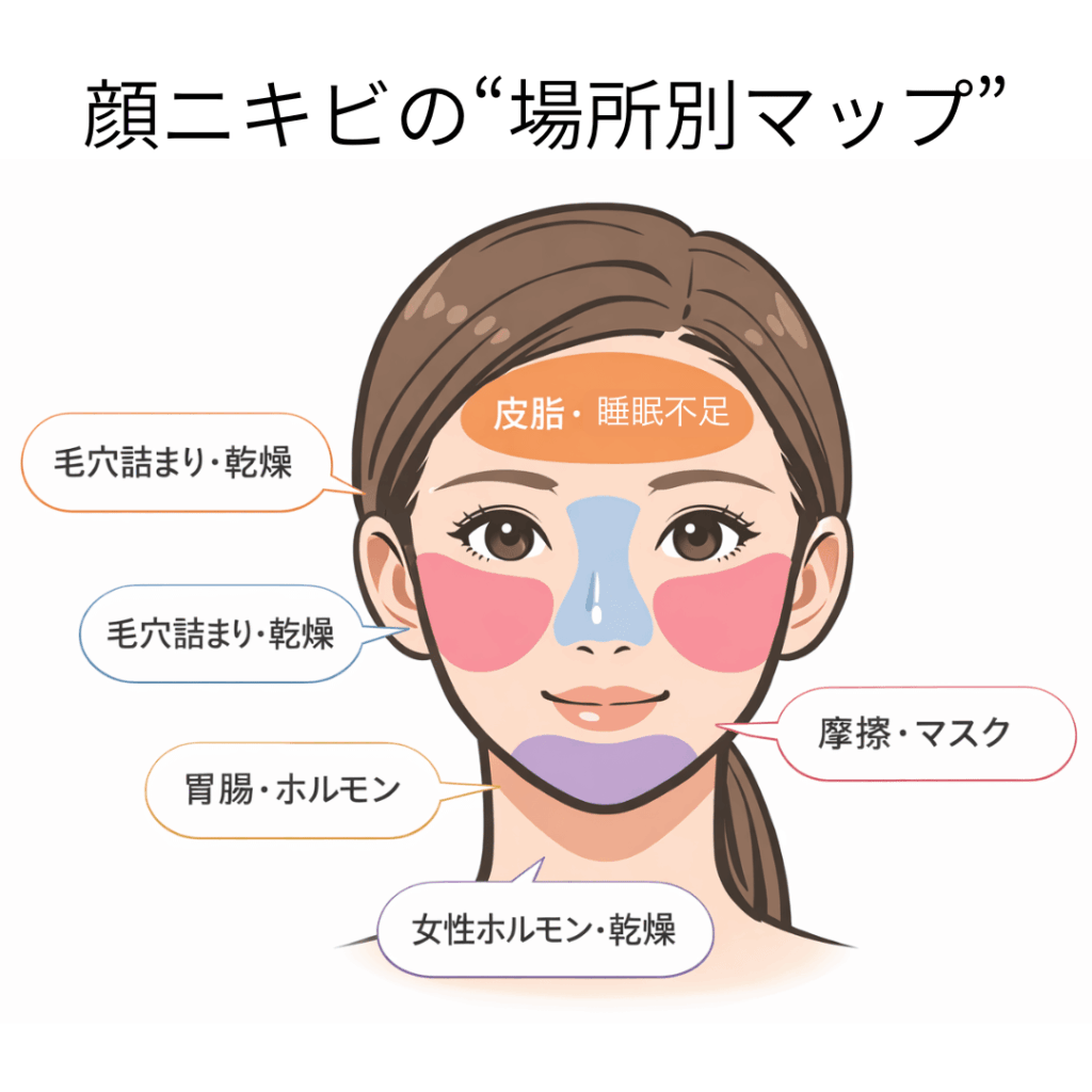 顔のニキビは場所で原因が違う｜部位別ニキビの原因マップ
