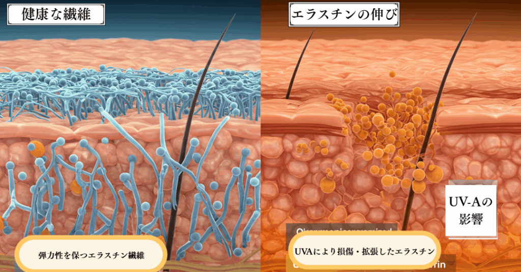 健康な肌繊維では、エラスチンの弾力性が保たれ、損傷するとエラスチンが伸び縮みせずに、のびきってしまうイメージ