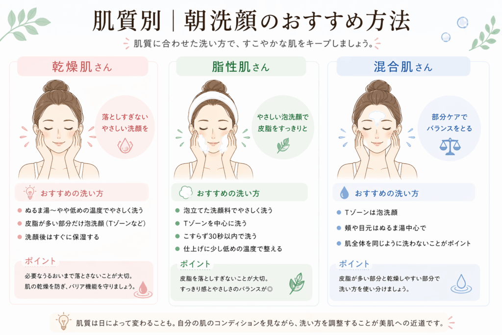 乾燥肌・脂性肌・混合肌別の朝洗顔方法の違い