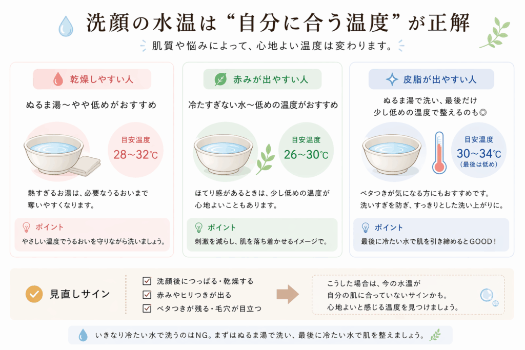 朝洗顔の水温目安｜肌質別のおすすめ温度