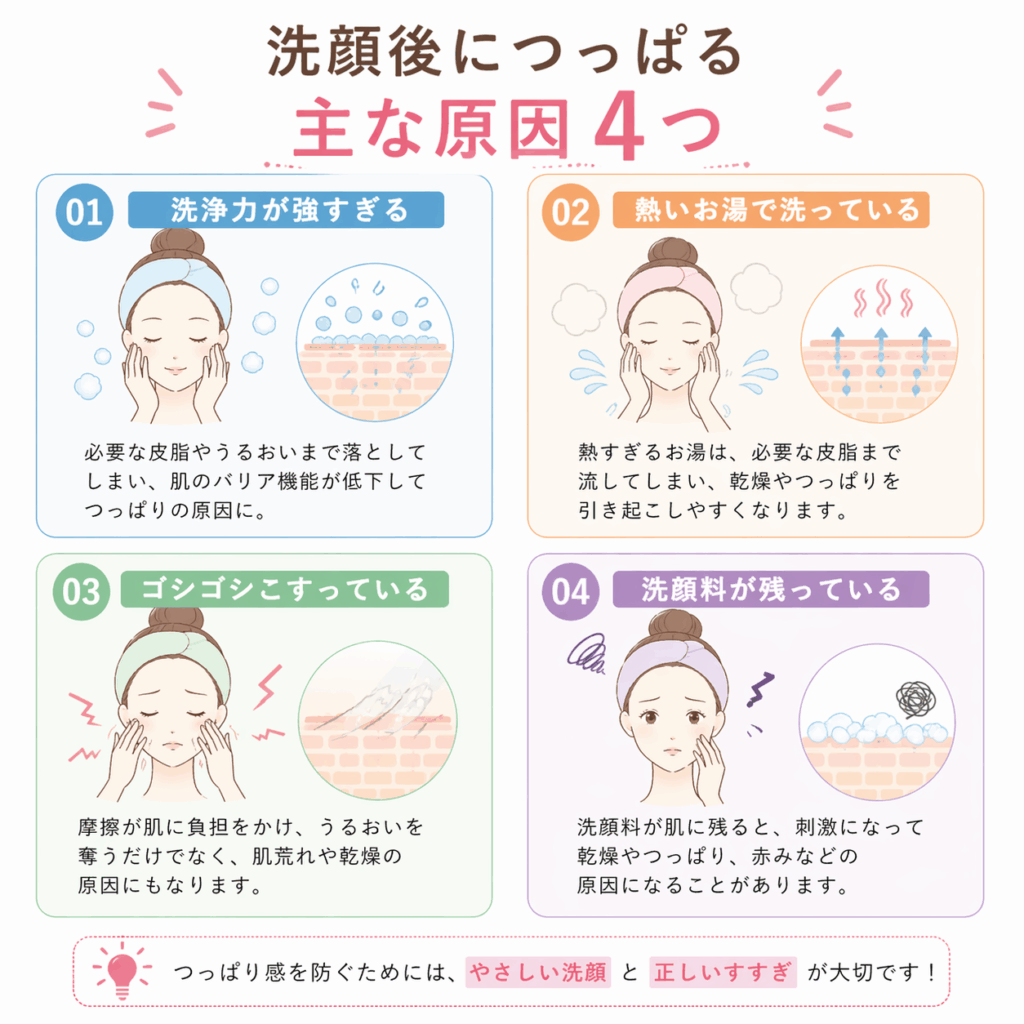 洗顔後につっぱる主な原因4つを解説した図解