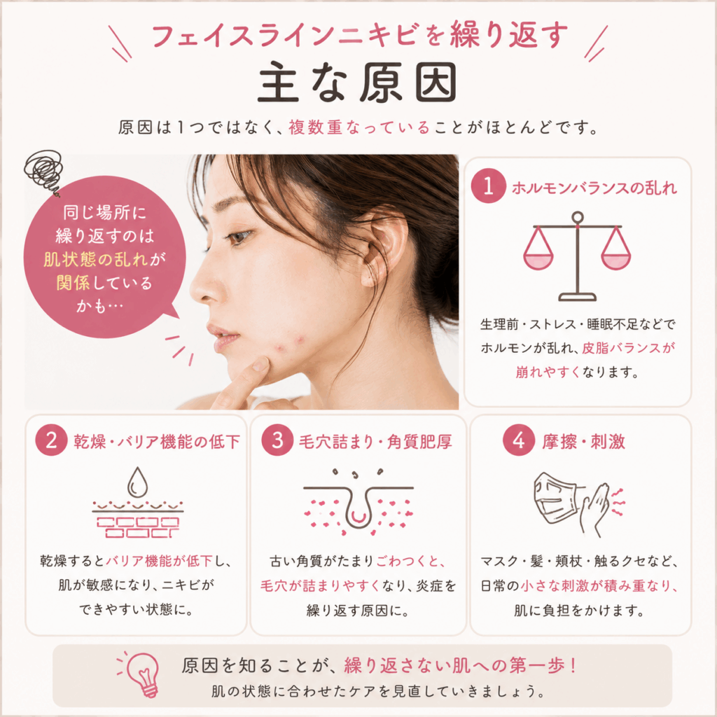 フェイスラインニキビを繰り返す主な原因を解説した図解画像。ホルモンバランス、乾燥、毛穴詰まり、摩擦刺激との関係を紹介