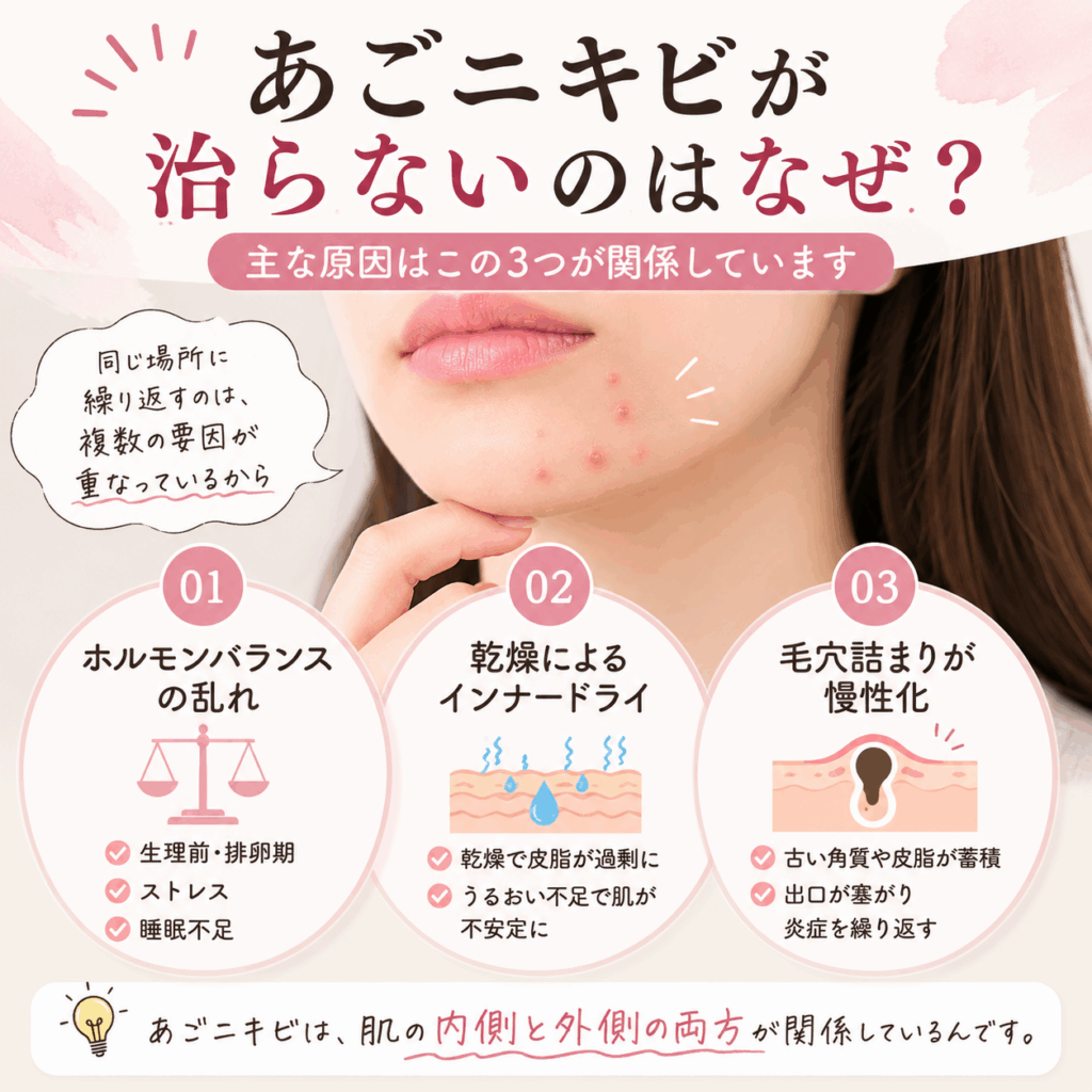 あごニキビが治らない主な原因を解説した図解画像。ホルモンバランスの乱れ、乾燥によるインナードライ、毛穴詰まりの慢性化との関係を紹介