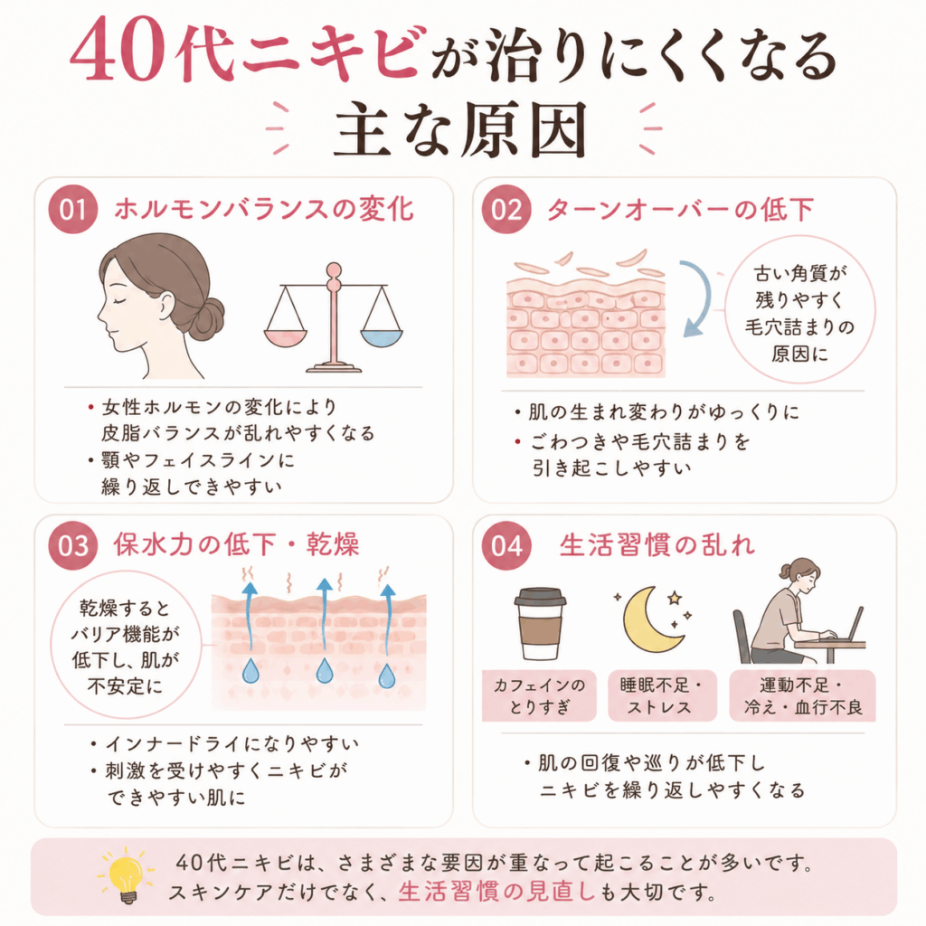 40代ニキビが治りにくくなる主な原因を解説した図解画像。ホルモンバランスの変化、ターンオーバーの低下、保水力の低下、生活習慣の乱れと大人ニキビの関係を紹介