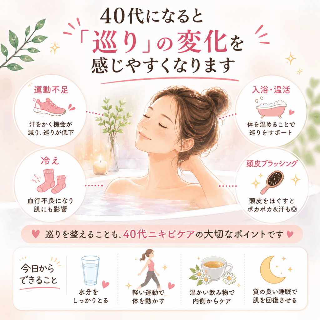 40代に感じやすい巡りの変化と肌への影響を解説した図解画像。運動不足、冷え、コーヒーや水分不足、睡眠の質の低下とニキビの関係、頭皮ブラッシングの体験談を紹介