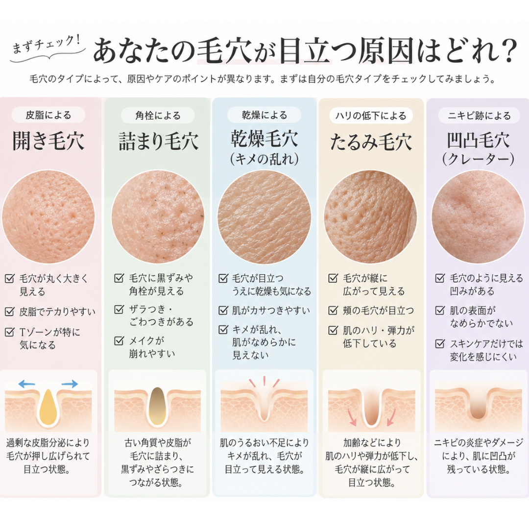 毛穴が目立つ5つの原因|開き毛穴・詰まり毛穴・乾燥毛穴・たるみ毛穴・凹凸毛穴