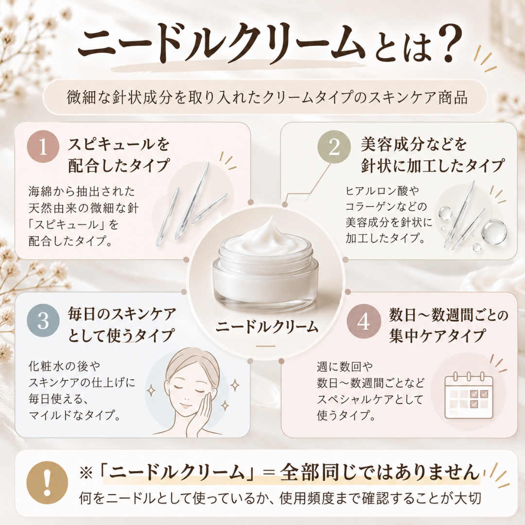 ニードルクリームとは?スピキュール配合タイプや毎日使うタイプ、集中ケアタイプの違いを解説