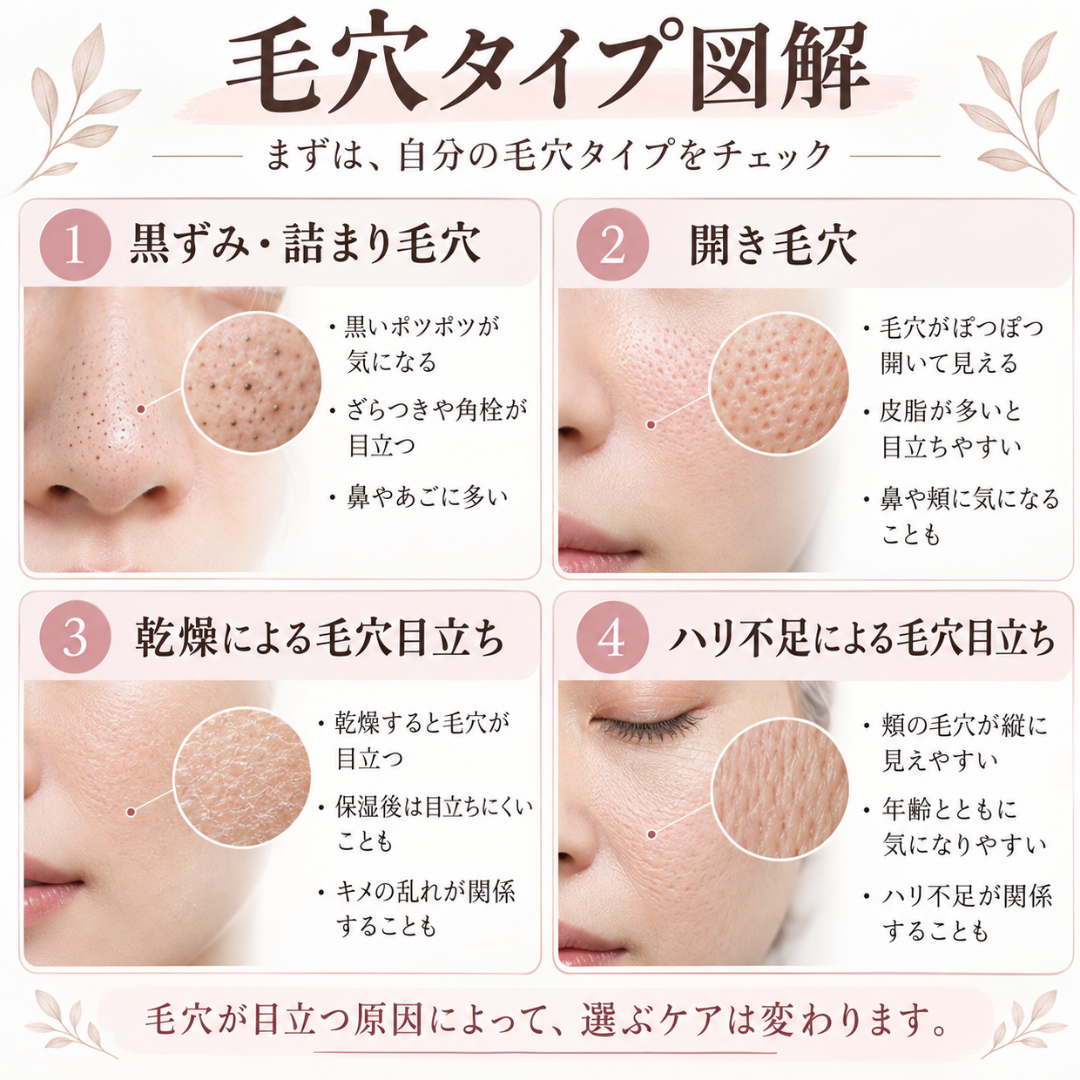 黒ずみ・詰まり毛穴、開き毛穴、乾燥による毛穴目立ち、ハリ不足による毛穴目立ちの4タイプを解説した図